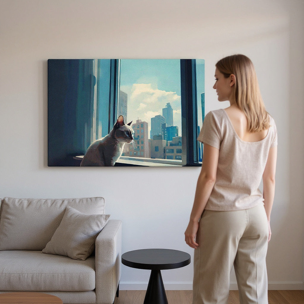 A Siamese Cat Gazes At The Big City Canvas Print