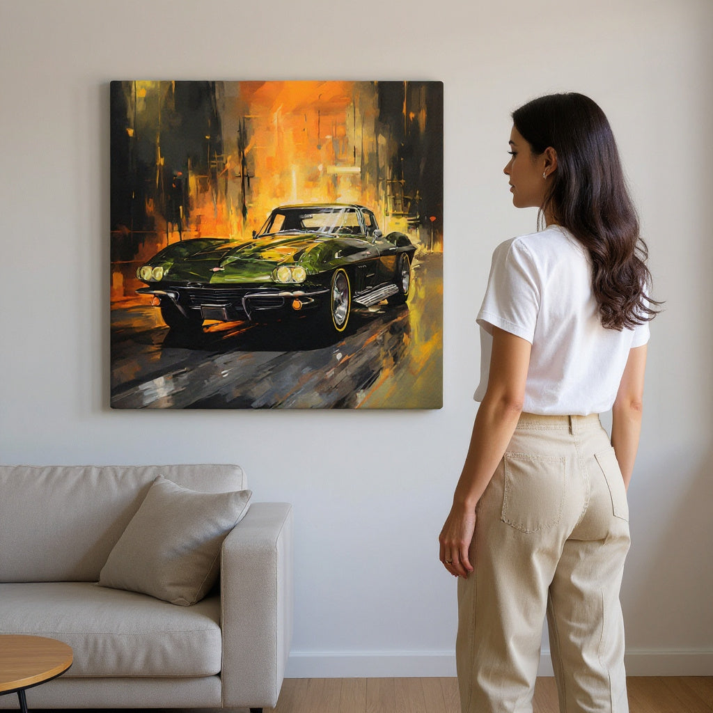 Olive Green Corvette In The Sunset Canvas Print