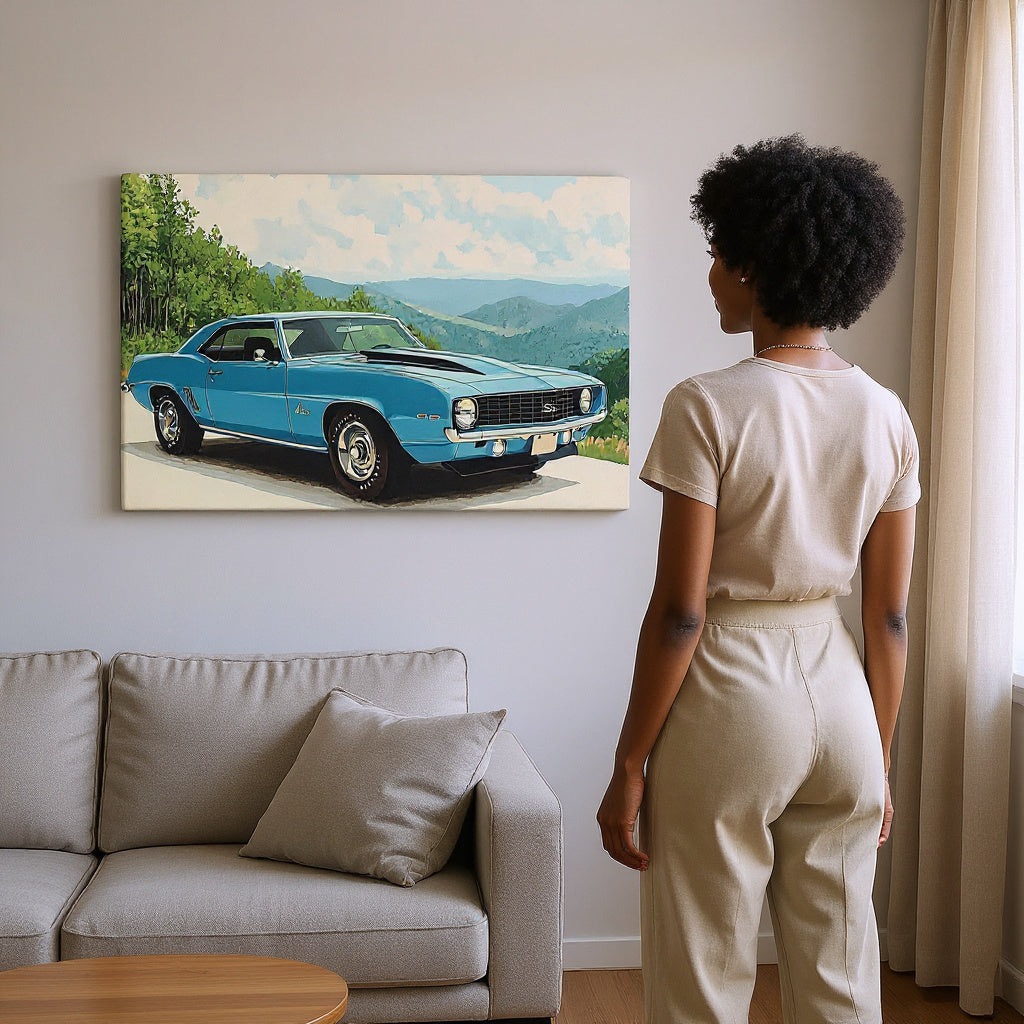 Royal Blue Camaro Takes The Scenic Route Canvas Print