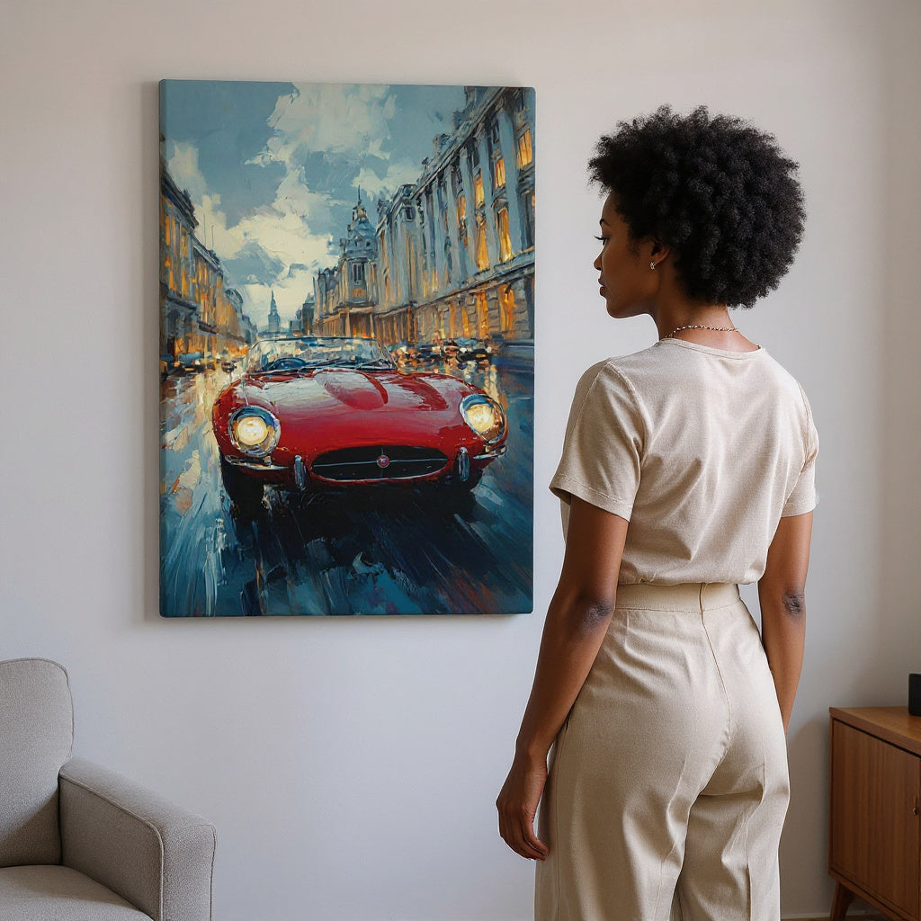 Ruby Red E-Type Speeds Through A Cloudy Day Canvas Print