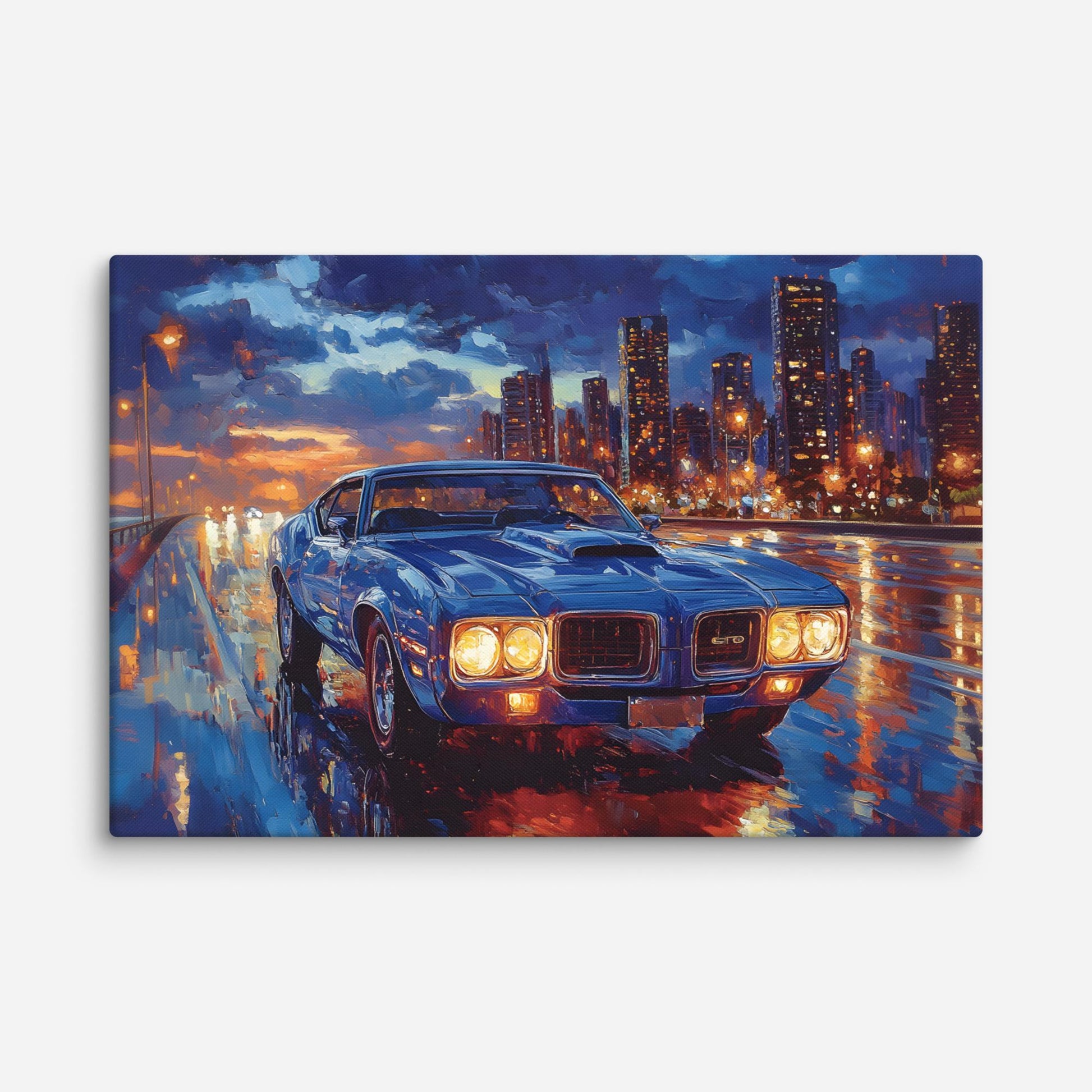 Electric Blue Pontiac GTO in The City Glow Canvas Print