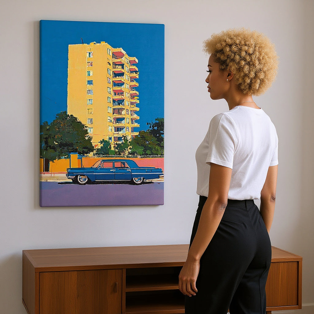 A Golden High Rise and Blue Cadillac Canvas Print
