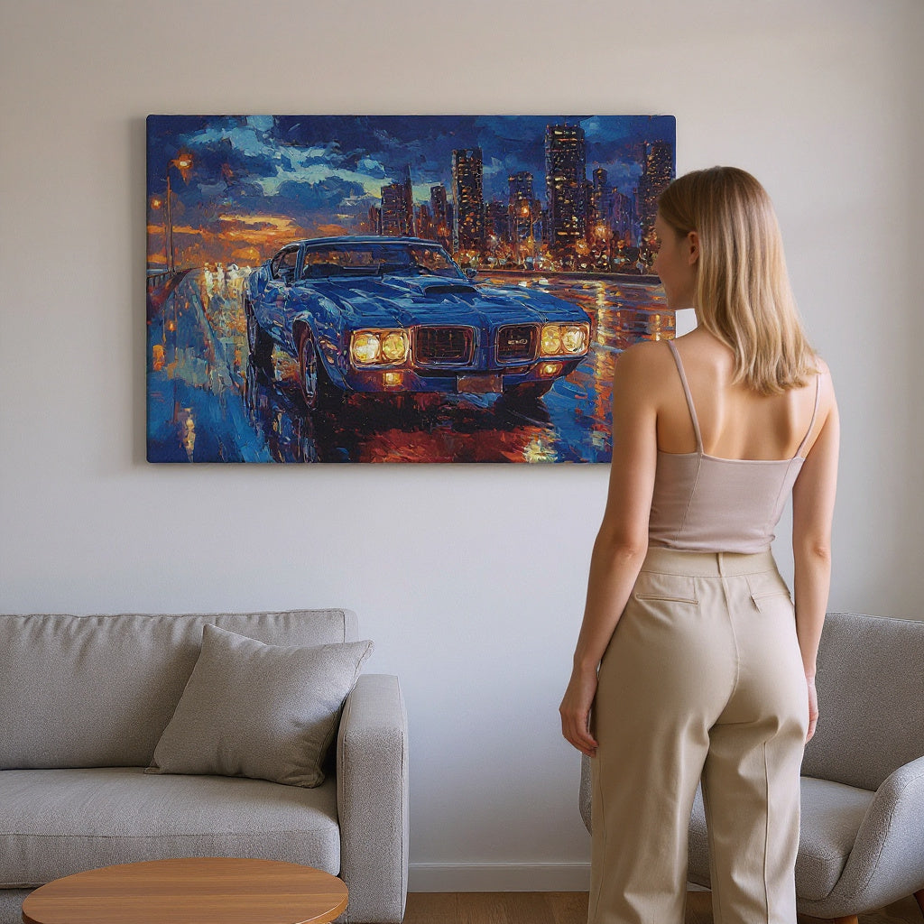 Electric Blue Pontiac GTO in The City Glow Canvas Print