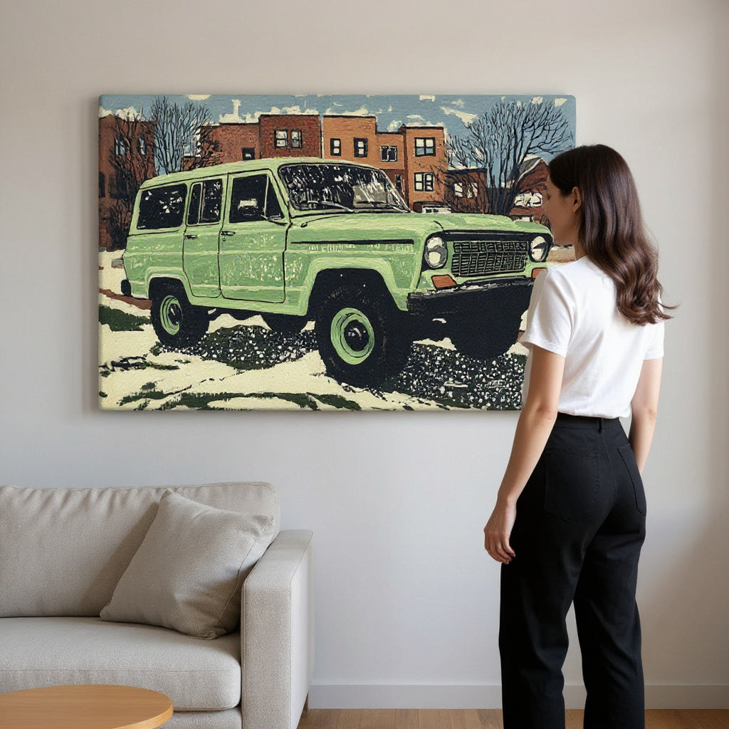 Mint Green Wagoneer In The Snowy Suburbs Canvas Print