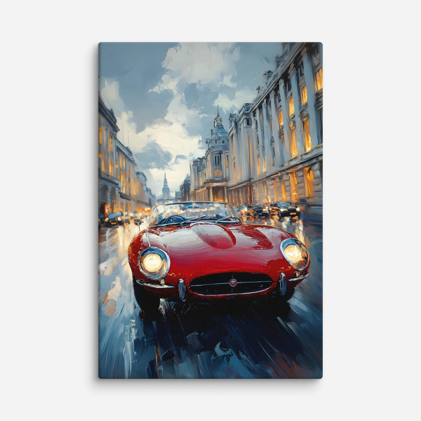 Ruby Red E-Type Speeds Through A Cloudy Day Canvas Print